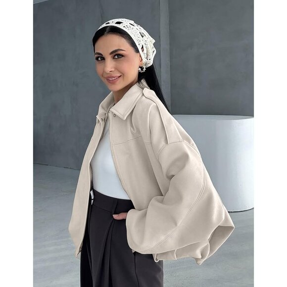 Women's Faux Suede Bomber Jacket Oversized Long Sleeve Zip Up Cropped Beige - Picture 5 of 6